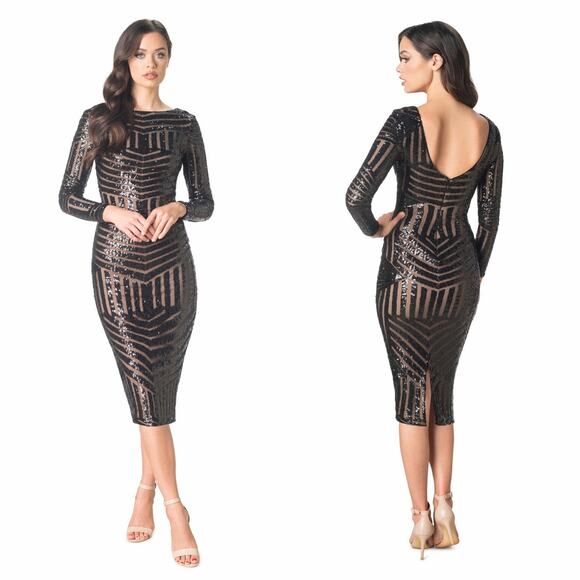 Dress the Population Emery Sequin Dress Long Sleeve Stretch Midi Sheath Black XS - Picture 1 of 11